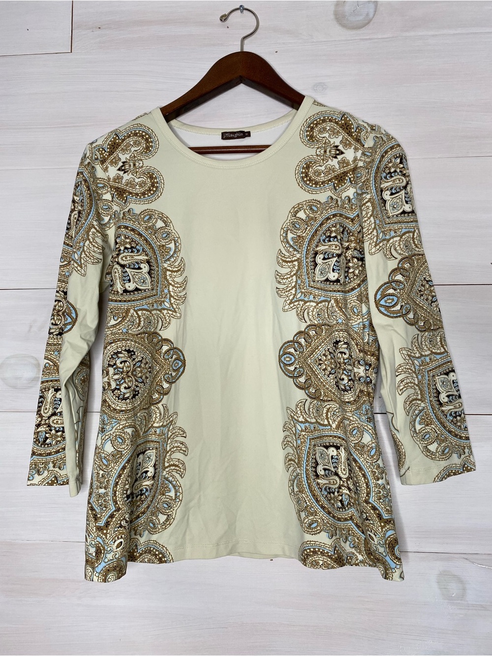 J.McLaughlin Women's Medium Cream Blue Paisley 3/4 Sleeve Top Nylon Spandex